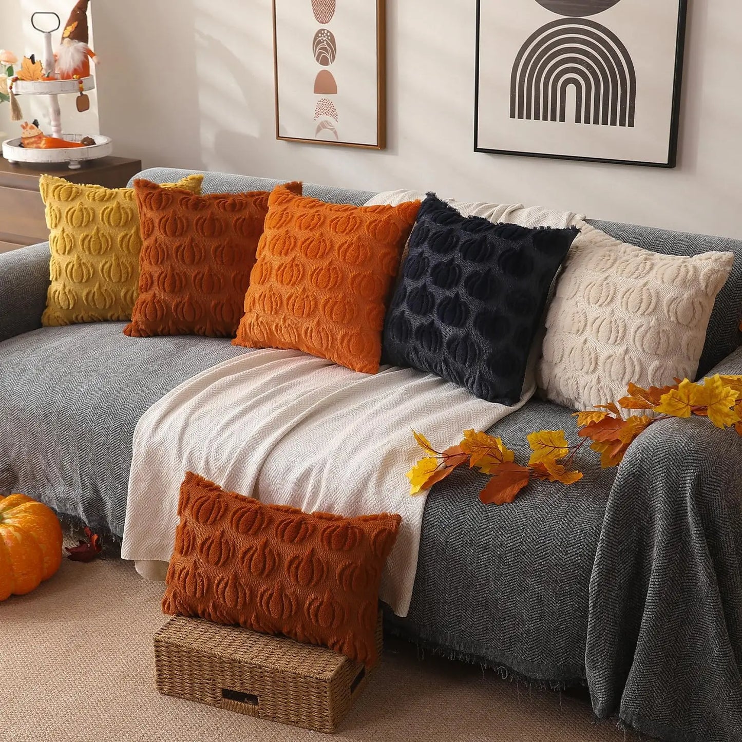 Fall Pillow Covers 18x18 Set of 2 Fall Decorations Autumn Rust Pumpkin Throw Pillow Cases Soft Plush Faux Fur Wool Couch Cushion