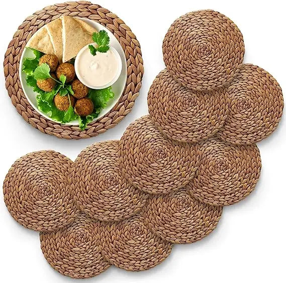 (Sizes:11.8"-13.5''-15")  Round Woven Placemats, 13.5'' Natural Wicker Straw Mats (Pack of 10), Hand-Braided Non-Slip & Heat Res