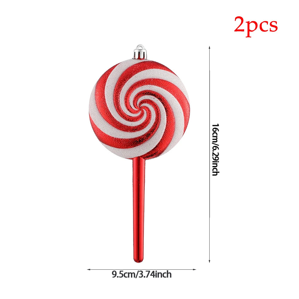 2pc 15cm Large Candy Pendant Christmas Decoration Red And White Lollipop PVC Painted Gold Xmas Tree Decora New Year Kids Gifts