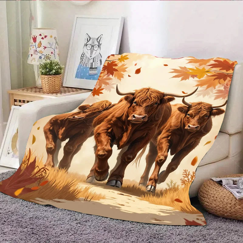 1pc Flannel Blanket Autumn Highland Cattle Blanket - Cozy Fall Farmhouse Style Throw
