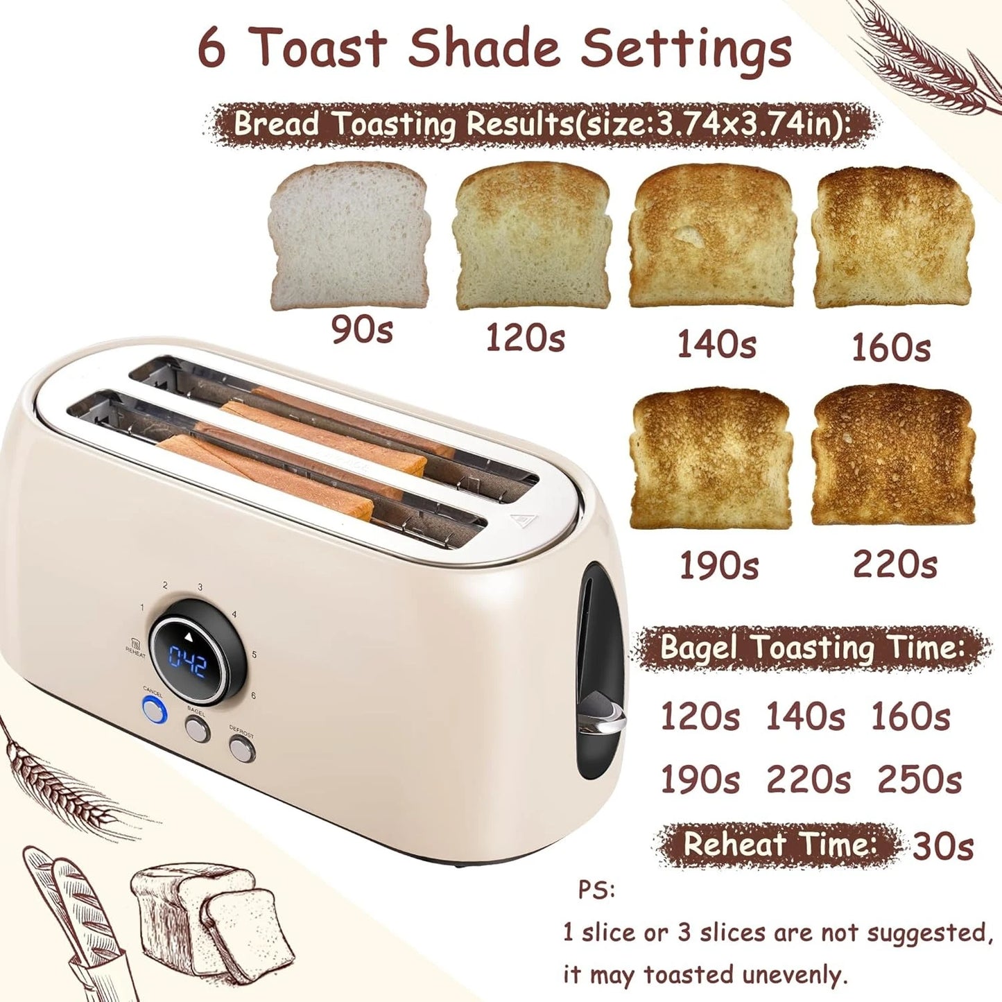 4 Slice,Retro Long Slot Toasters with CountdownTimer,Stainless Steel Toaster,Defrost,Reheat,Cancel Functions,Extra Wide Slots
