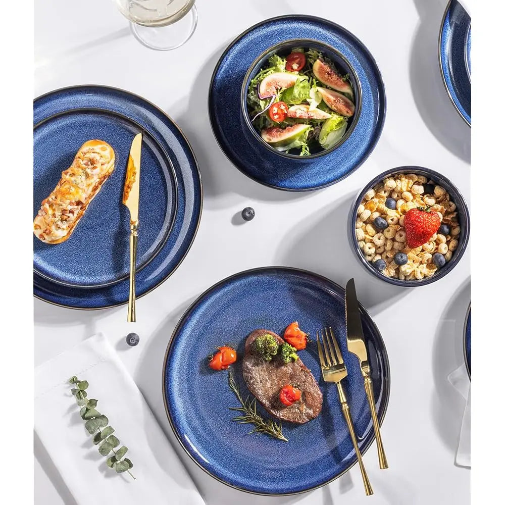 Ceramic Dinnerware Sets For 4, 12 Pieces Handmade Reactive Glaze Plates And Bowls Set, Scratch Resistant Dish Set, Oven &