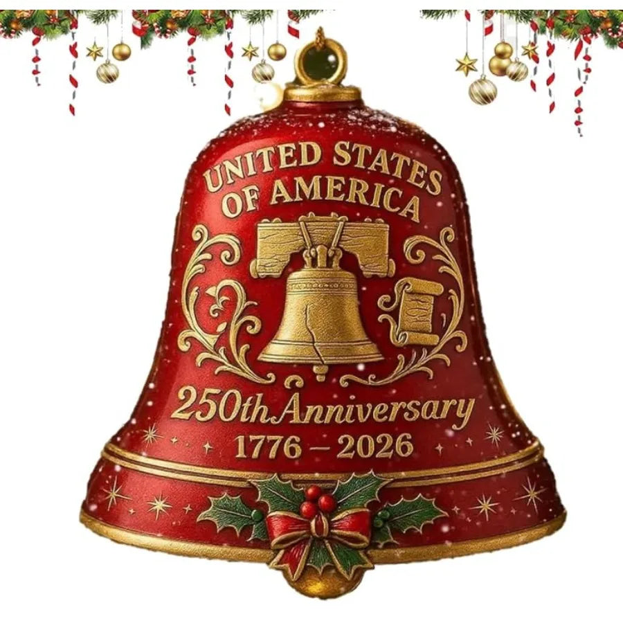USA 250th Anniversary Bell Ornament 3D Red Gold Commemorative Hanging Decor with Enamel Crafted Detailing for Patriotic Holiday