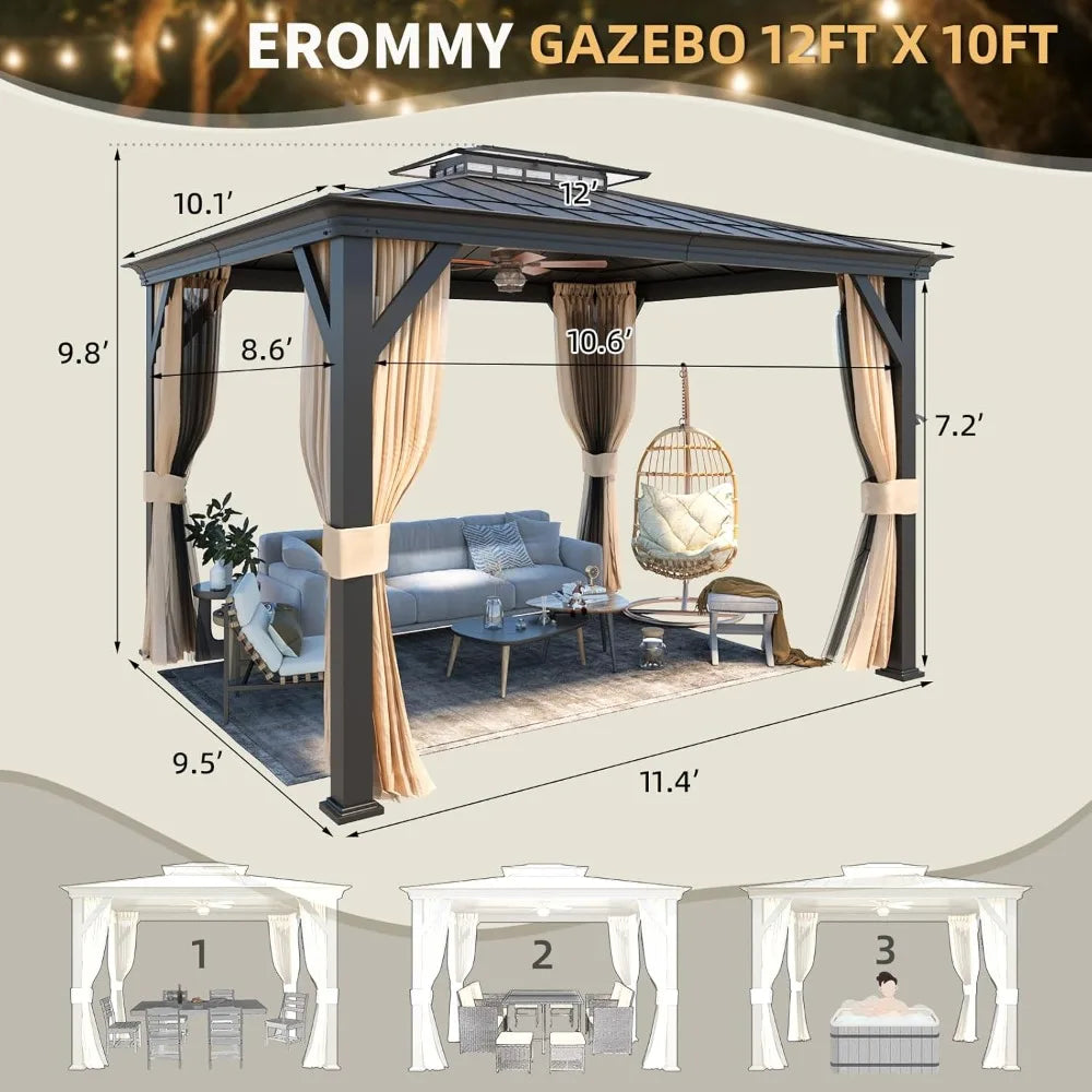 10'X12' Gazebo with Galvanized Steel and Acrylic Roof, Thickened Aluminum Frame Included, Outdoor Permanent Pavilion Gazebos wi