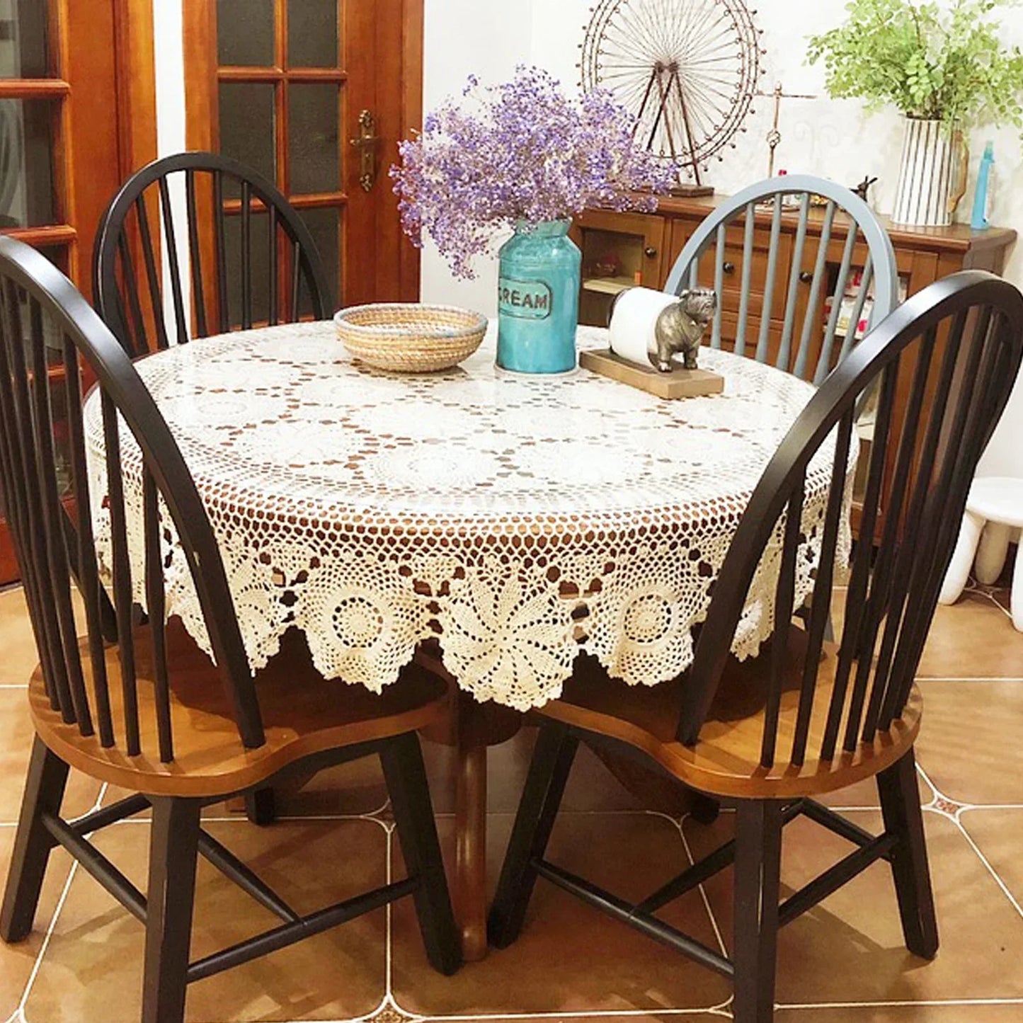 Handmade Crochet Tablecloth, 51.18" Round, Vintage Floral Cotton, Protects Furniture, Machine Washable, Ideal for Dining, Coffee