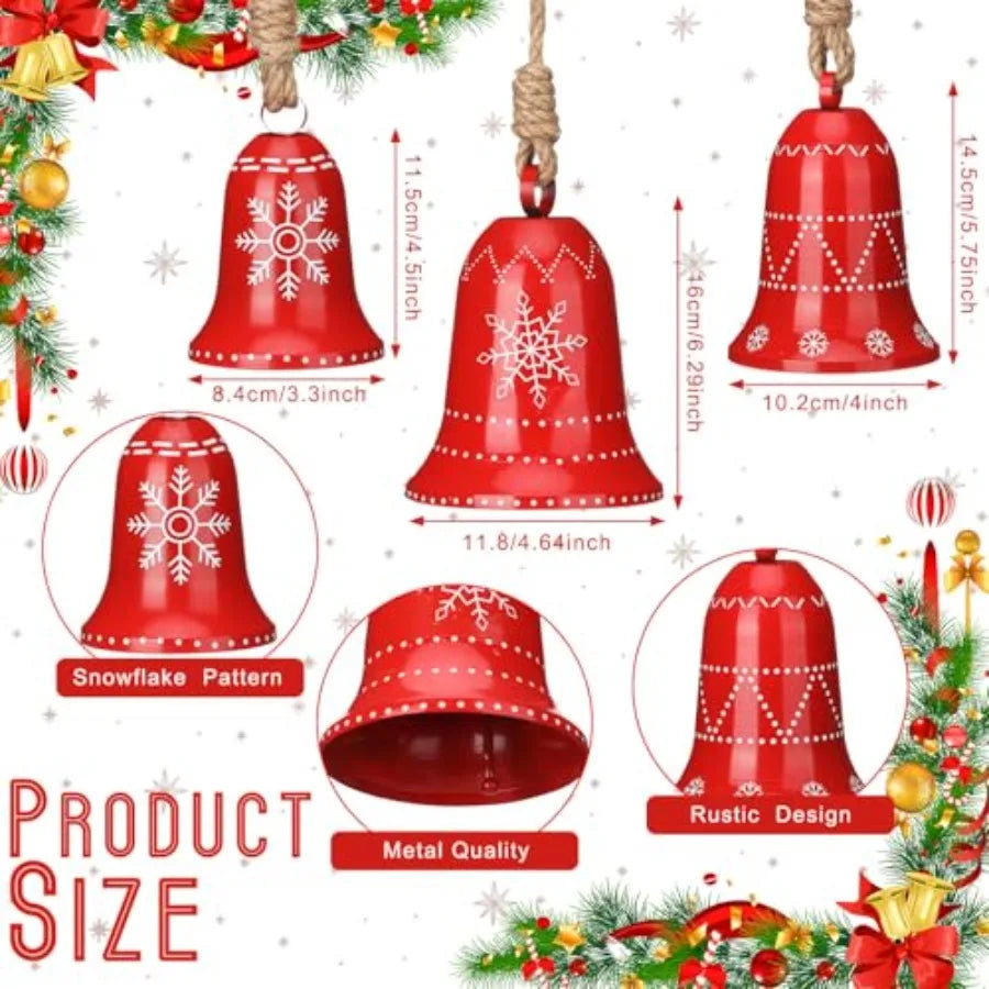 3 Set Christmas Snowflake Cow Bells Decor Large Red Metal Bell Ornaments for Rustic Holiday Outdoor Home Decoration Winter Wind