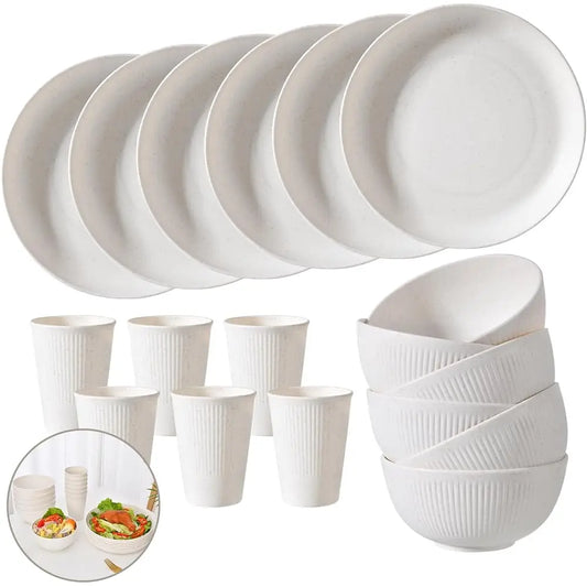 18 Pcs Wheat Straw Dinnerware Sets For 6 - Lightweight & Unbreakable Cups Plates And Bowls Sets Microwave Dinnerware Set For
