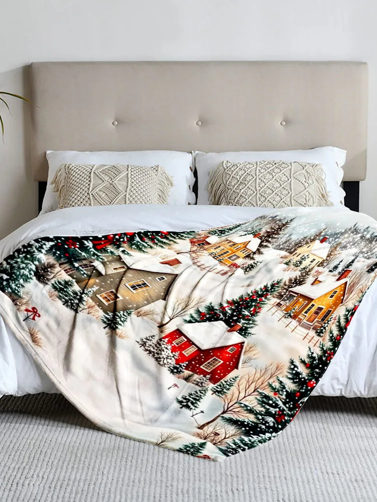 1 piece Christmas village-themed flannel blanket, perfect for sofa, bed, office. Ideal gift for family, friends, and holidays.