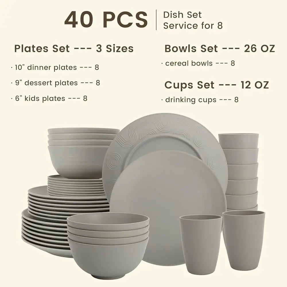 40-Piece Wheat Straw Dinnerware Sets, Non Breakable Dinnerware, Cups, Plates And Bowls Sets For 8 - Microwave Dishwasher