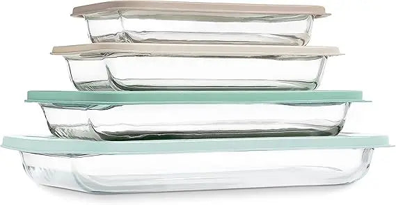 8-piece deep glass baking dish set with plastic lids – casserole and food storage containers for lasagna, leftovers – freezer-t
