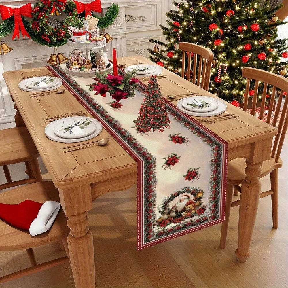 Christmas Table Runner with Santa Claus, Deer & Poinsettia Pattern, Multiple Sizes, for Christmas Home Decoration and Gifts