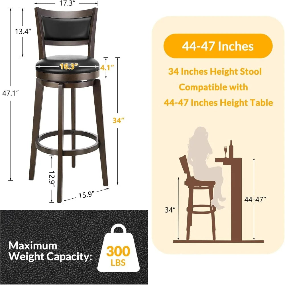 Swivel Bar Stools Set of 2, 34 Inch Extra Tall Bar Height Barstools, Black Faux Leather Bar Stool with High Backrest, Solid Woo
