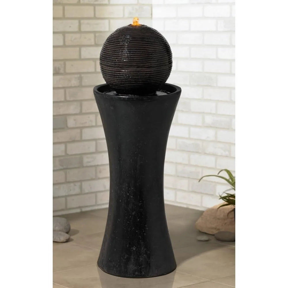 Dark Sphere Modern Zen Outdoor Floor Water Fountain 30" High with LED Light Bubbler Pillar for Garden Patio Backyard Deck Home L