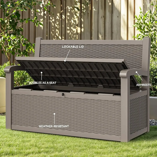 (XMSJ)70 Gallon Storage Bench Deck Box, Lockable Patio Bench, Waterproof Outdoor Pool   for  Cushions, Garden To