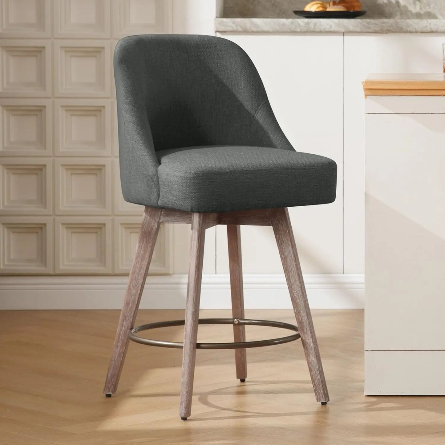 Counter Height Bar Stools Set of 2, Modern Mid-Century Swivel Barstools with Backs and Wood Legs, Linen Fabric Upholstered