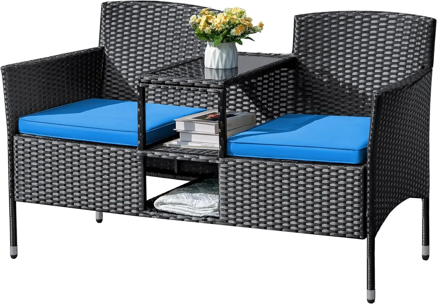 Outdoor Furniture Patio Loveseat Wicker Seat with Built-in Table and Cushions Rattan Porch Chairs Bench for Balcony, Lawn