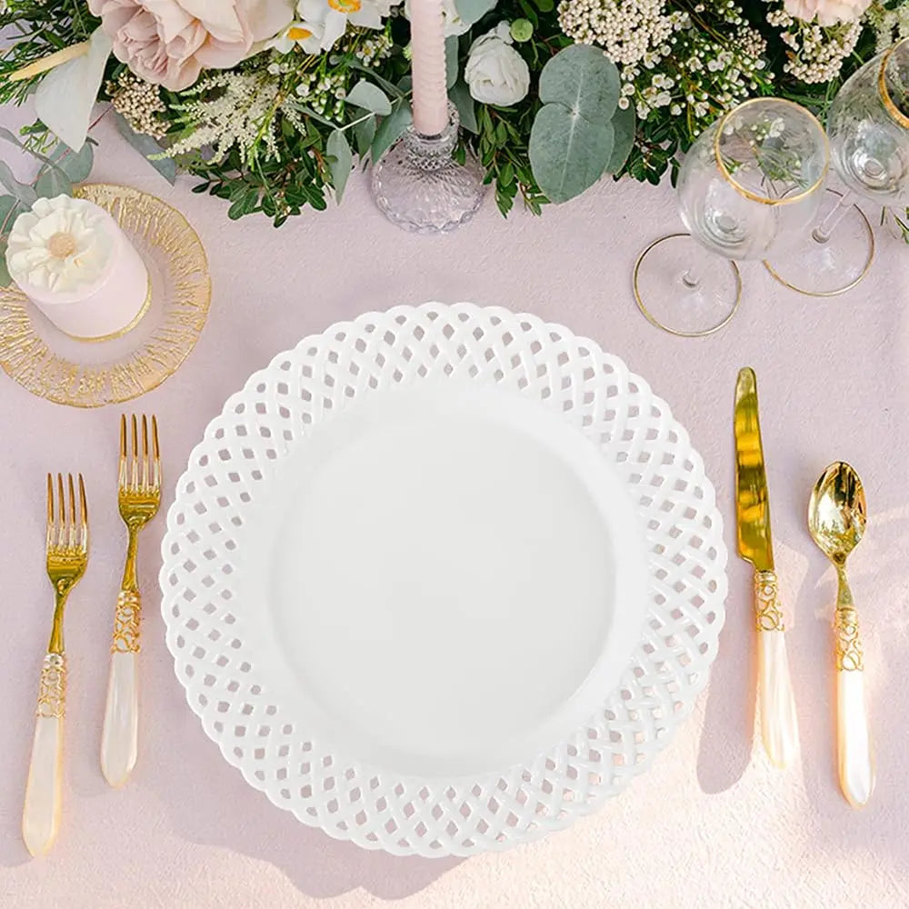 Large White Dinner Plates 12 H, Ceramic Dinner Plates Set Of 4, Basketweave Wide Rim Stackable Hotel Value Round Coupe Shape
