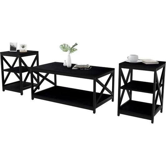 Bigbiglife Living Room Coffee Table Set of 3, Industrial X-Design Coffee Table and 2 End Side Tables,