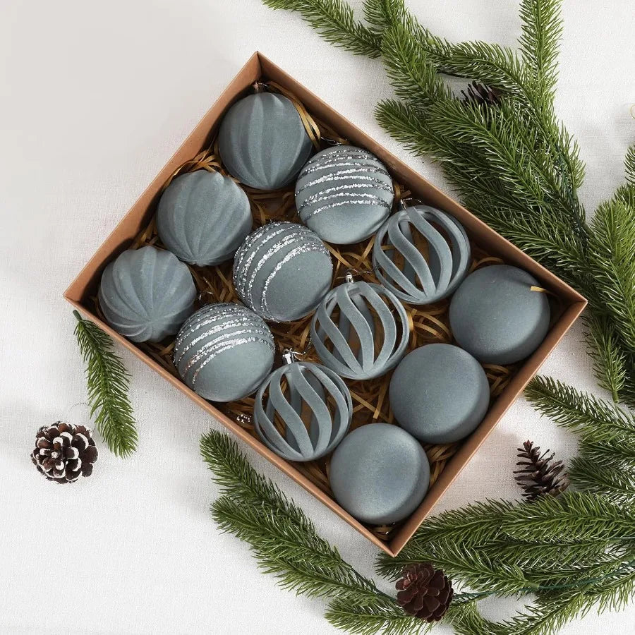 Elegant Christmas Ornaments Set of 12 3.15Inch Flocked Velvet Balls with Hand Painted Designs in Dusty Blue Perfect for Holiday