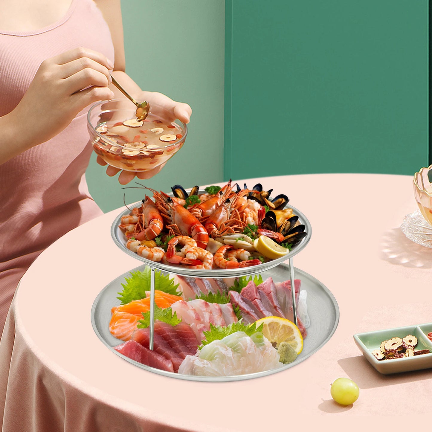 2-Tier Seafood Serving Plate Set, 20cm & 25cm Round Metal Tray with Stand, Silver Appetizer Dish, Sushi Tray, Party Platter