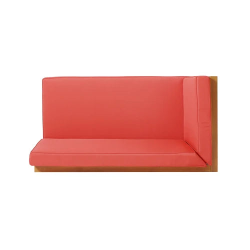Left rear bench, red seat cushion, Acacia wood frame, cross backrest design