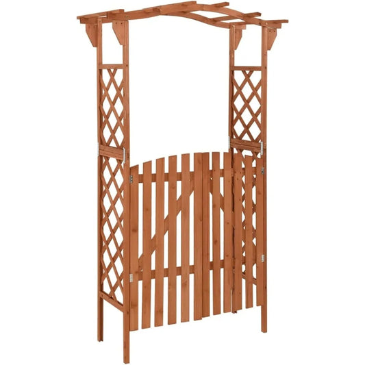 Garden Arch with Gate Firwood Outdoor Climbing Plants Garden Arbor for Lawn, Poolside, Backyard, Patio, Terrace, Outdoor Decora