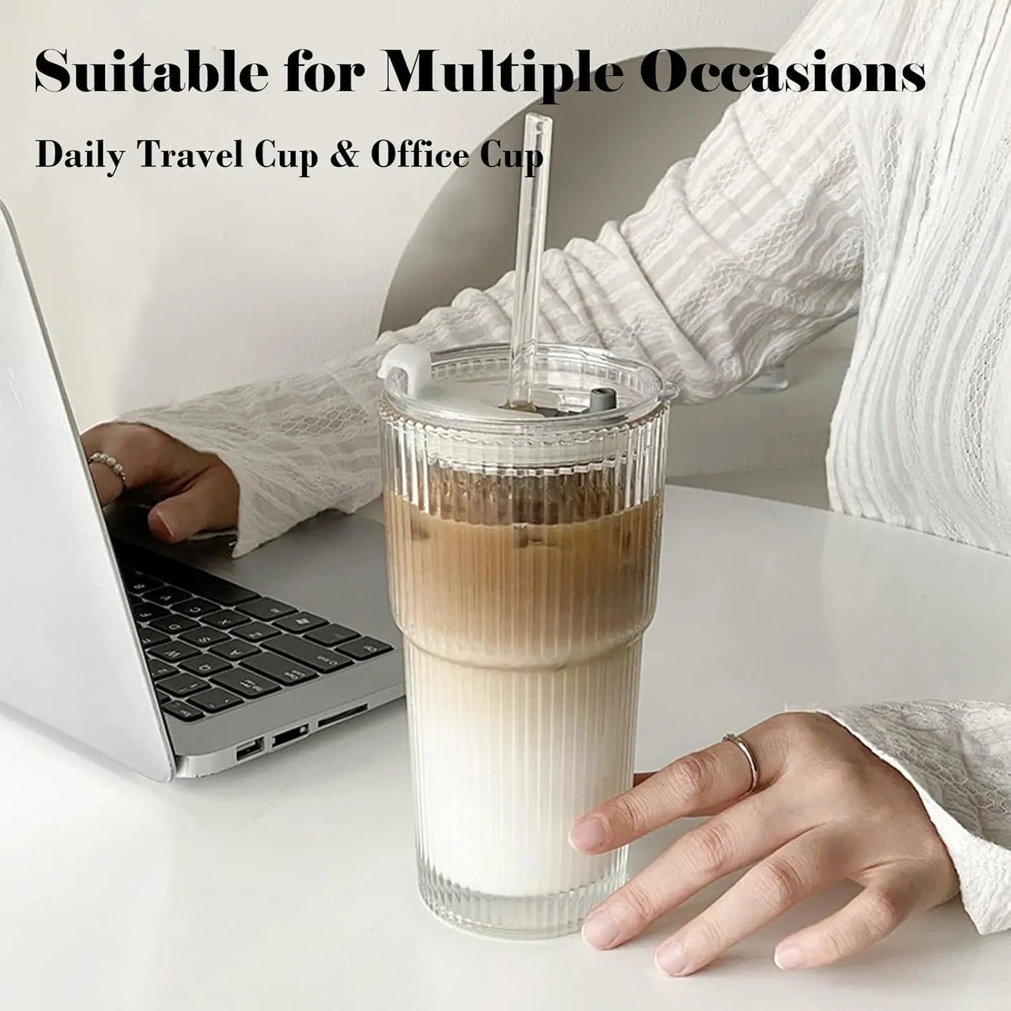 20oz Iced Coffee Cup with Lids, 2 Pack Clear Glass Tumbler with Straw & Lid, Ribbed Glassware Cups, Dishwasher Safe Drinking Gla