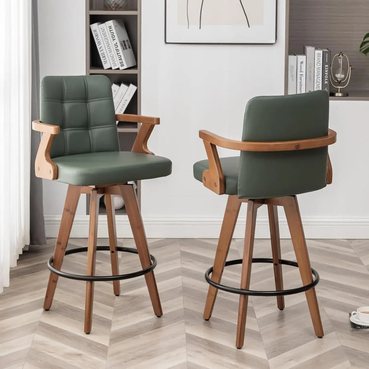 26” Counter Height Bar Stools,Leather Upholstered Bar Chair, Swivel Bar Stools with Back and Arms，Industrial Style Barstool Se