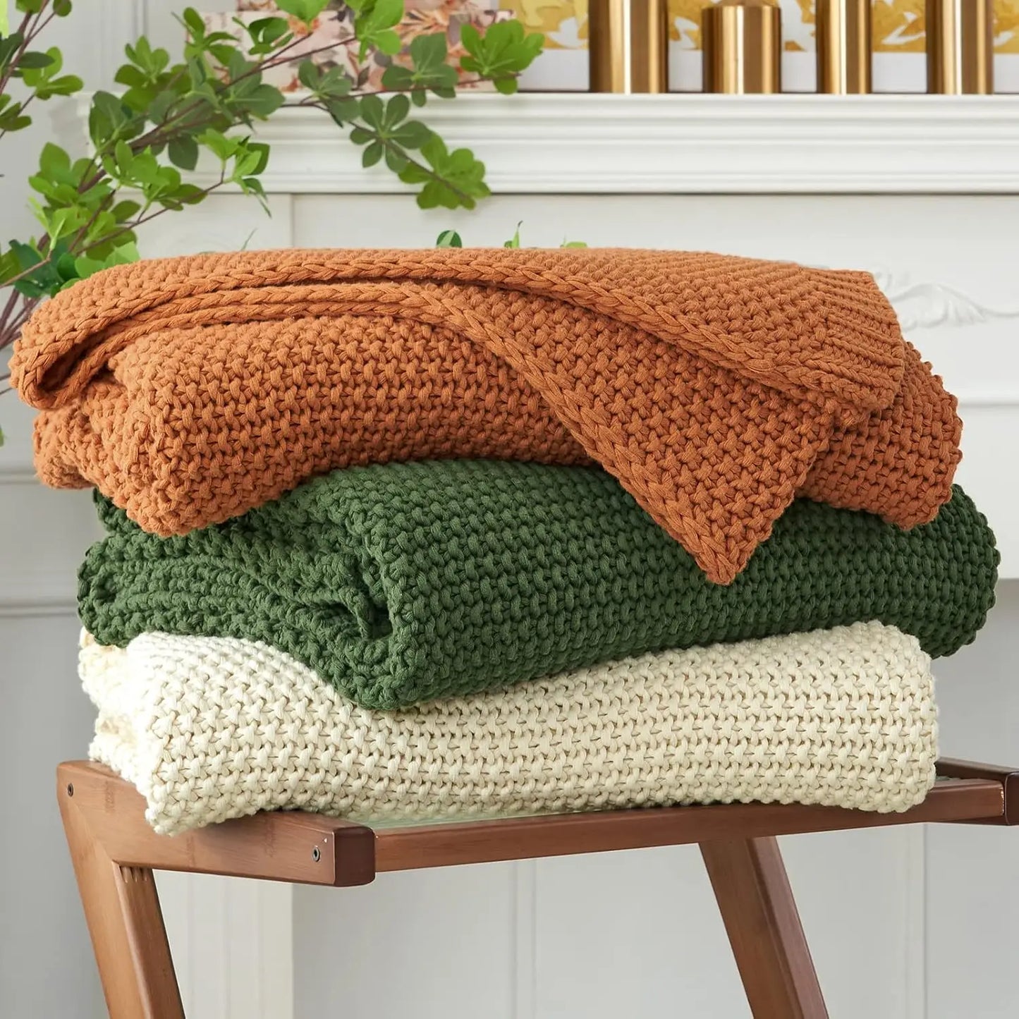 Knitted blanket lightweight olive green organic cotton sofa bed blanket, 51 inches x 63 inches, including laundry bag