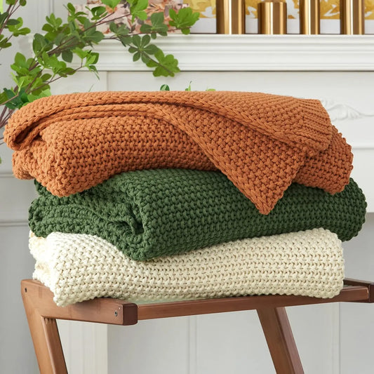 Knitted blanket lightweight olive green organic cotton sofa bed blanket, 51 inches x 63 inches, including laundry bag