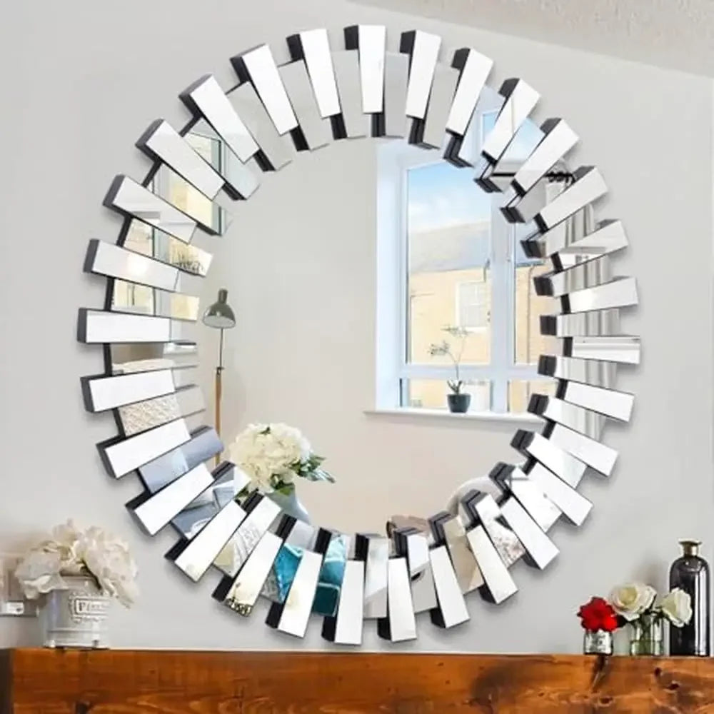 Large Beveled Glass Round Wall Mirror Modern Decorative Accent Mirror Living Room Foyer Bedroom 32''