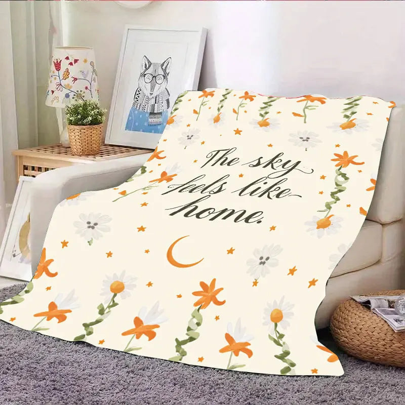 1pc Flannel Blanket "Cozy Floral 'The Sky Feels Like Home' Throw Blanket for Living Room"