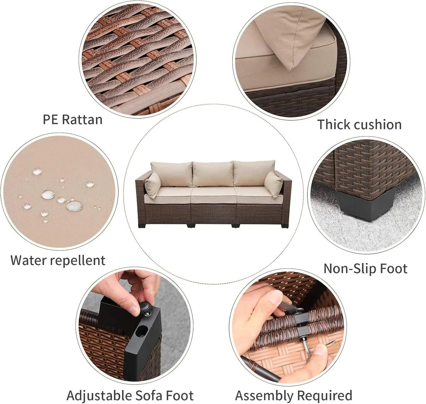 Patio Couch PE Wicker 3-Seat Outdoor Brown Rattan Sofa Deep Seating Furniture with Non-Slip Beige Cushion