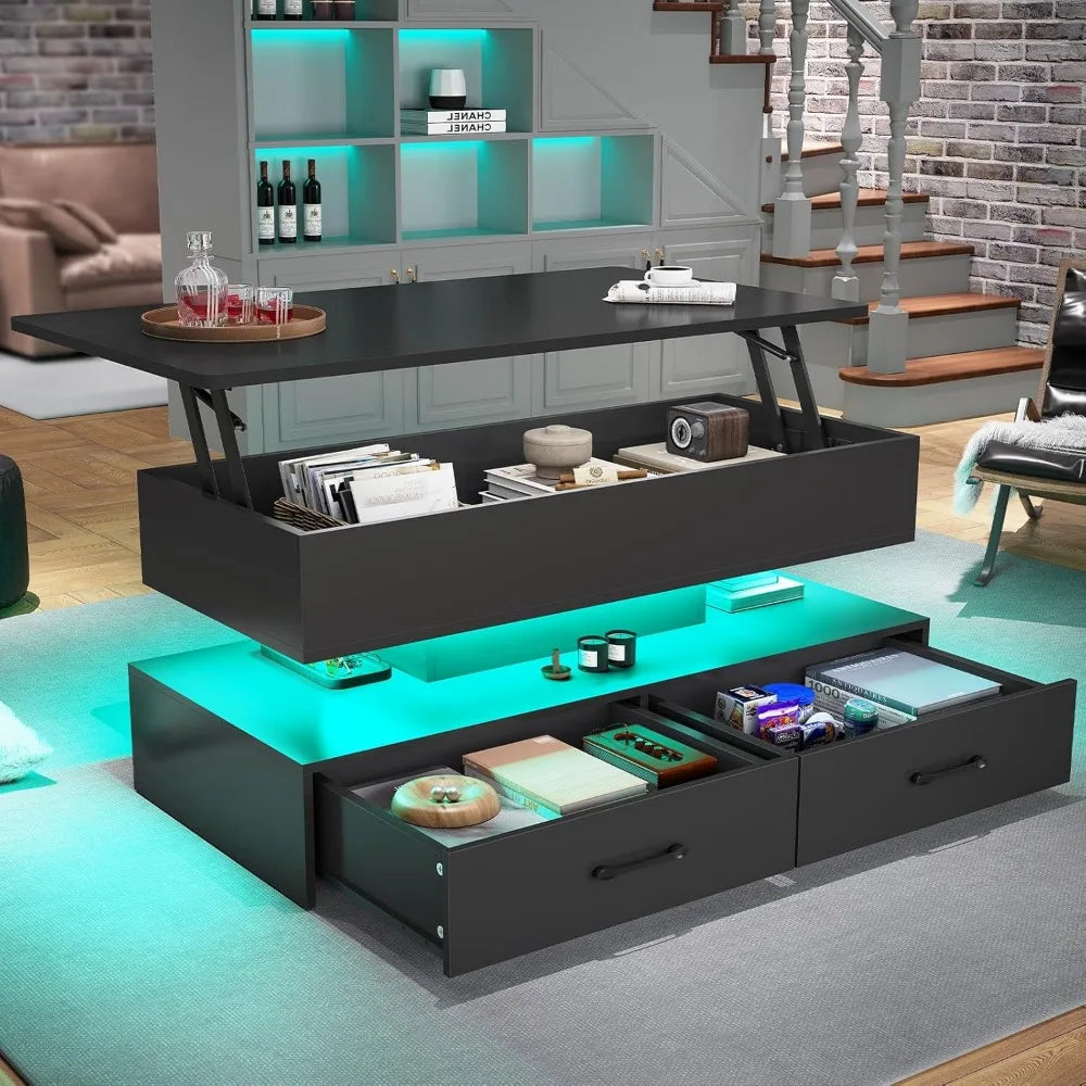 40" Lift Top Coffee Table, Coffee Tables with Storage for Living Room, Small Coffee Table with 2 Drawers & LED Light for Dining