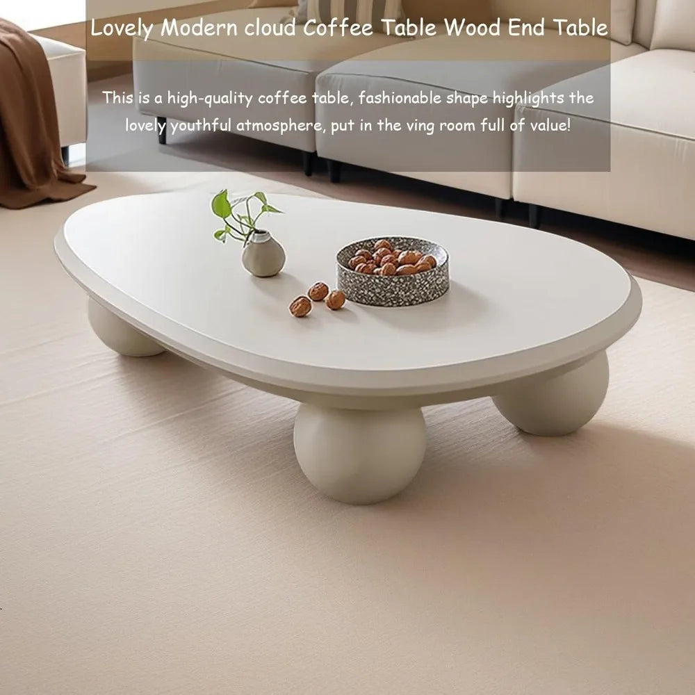 White Modern Coffee Table Cloud Shape Low Coffee Table Cartoon Irregular Indoor Accent Tea Table with 3 Round Ball Leg, for Livi