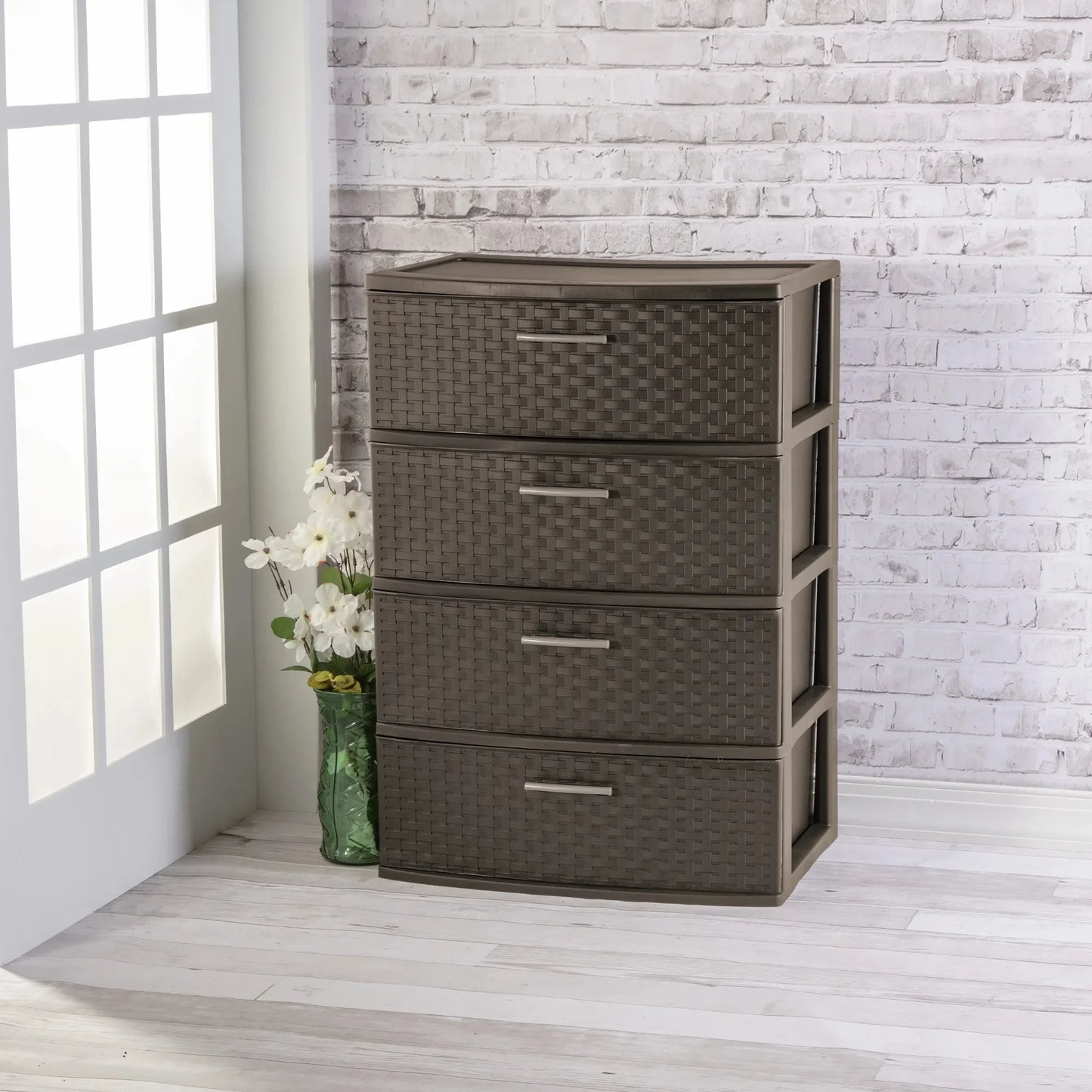 4-Drawer Wide Weave Tower, Brown Plastic Storage Organizer with Pull Handles, For Bedroom, Closet, Office, Home Décor