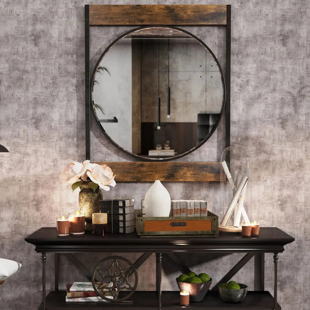Retro Wall Mirror 57cm Round Decor Mirror with Square Wood Metal Frame Accent Mirror for Entryway Hallway Bedroom Home Decor