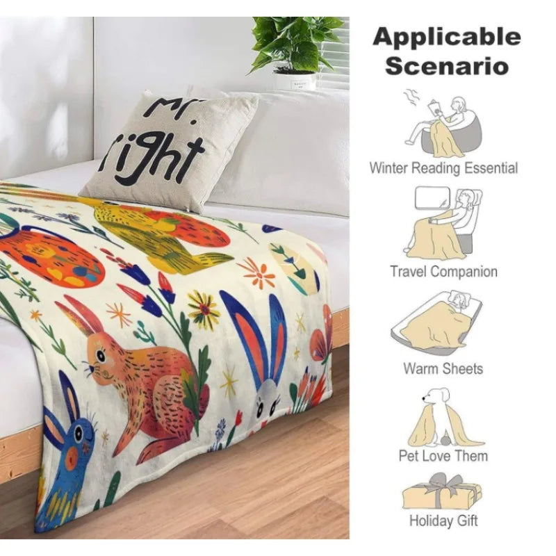Bunny Easter Egg Wildflower Flannel Blanket, Colorful Floral Soft Warm Flannel Blanket for Sofa Bed