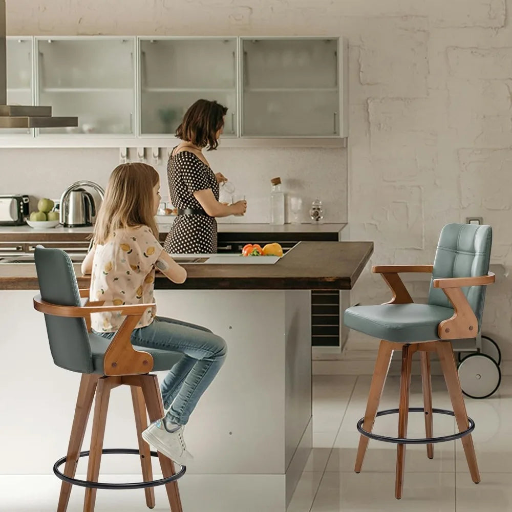26” Counter Height Bar Stools,Leather Upholstered Bar Chair, Swivel Bar Stools with Back and Arms，Industrial Style Barstool Se
