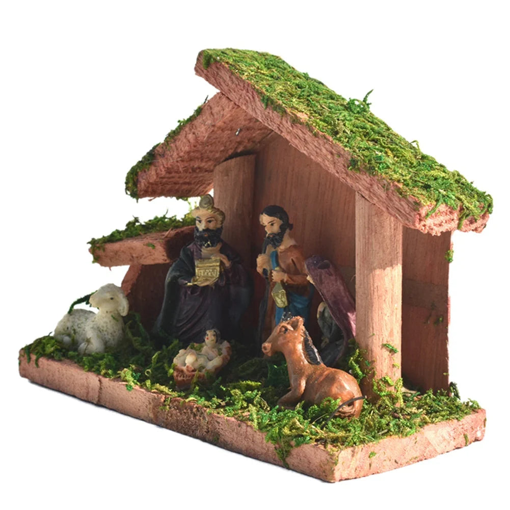 Christmas Nativity Figurine With Wooden Stable Advent Nativity Scene Mary Jesus Angel Wise Men Stable Animal Statues Home Decors