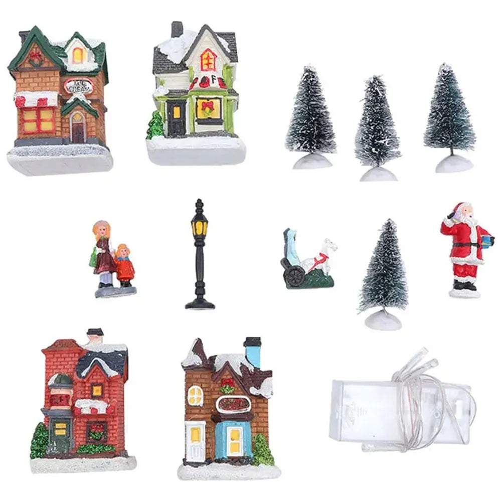 12 Pcs Mini Resin Christmas Town Set Battery Operated Lighted LED DIY Christmas Doll Figurines Christmas Trees Christmas Village