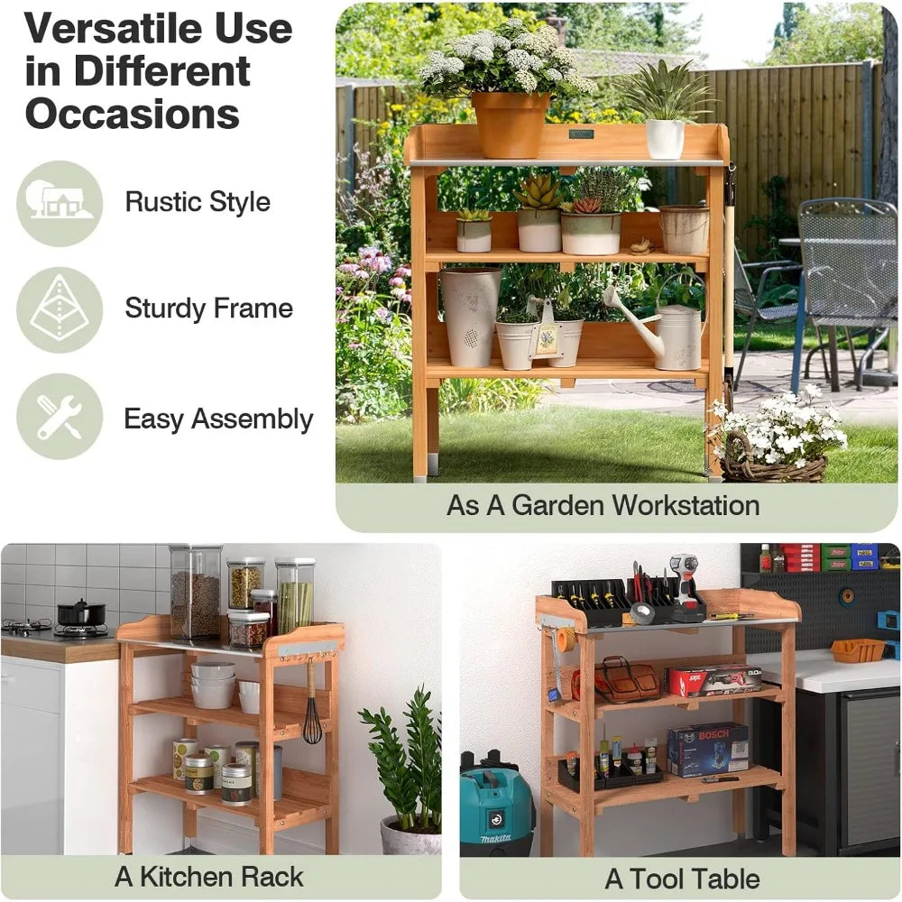 Garden Potting Bench, Outdoor Wood Workstation Table with Galvanized Steel Tabletop, 5 Hooks, 2-Tier Storage Shelves, Outside