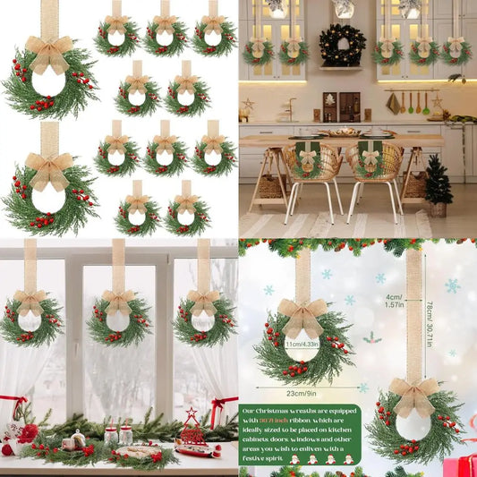 Artificial Greenery Mini Christmas Wreaths - 12 Pack, 9 Inch Small Kitchen Cabinet Decorations with Plaid Bow Ribbons, Hanging H