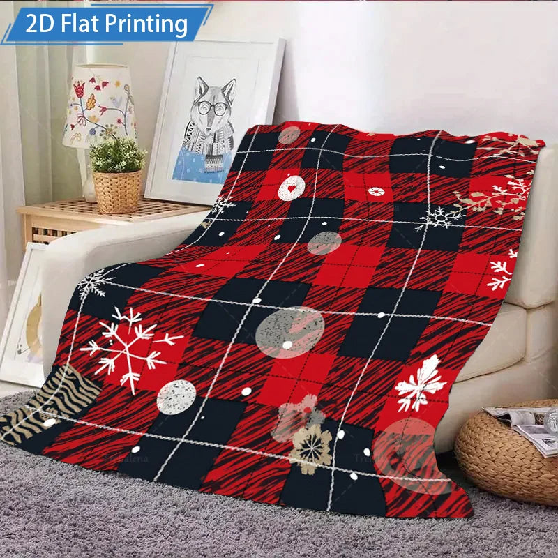 1pc Flannel Blanket Christmas Plaid Fleece Blanket with Snowflakes and Hearts - Cozy Holiday Decor