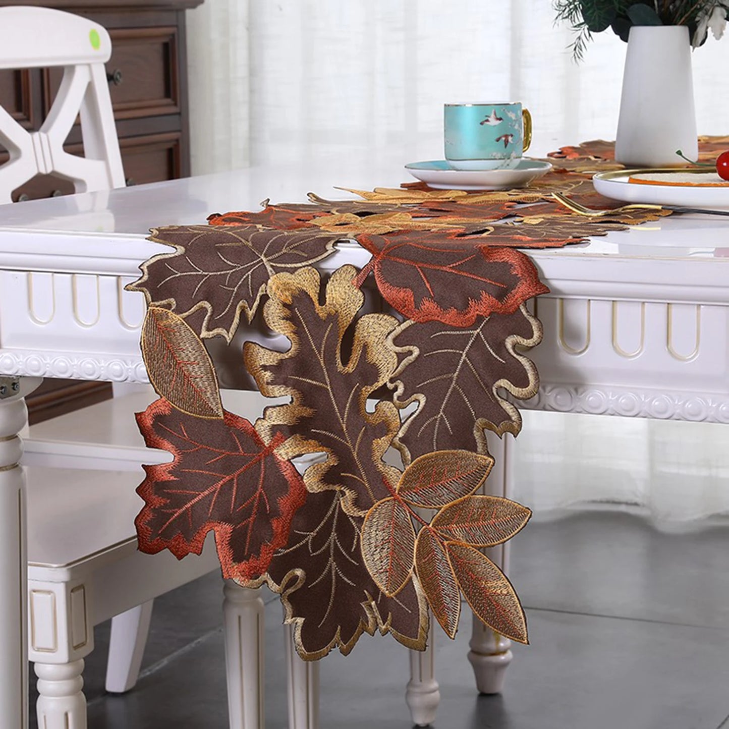 1/2/5Pcs Autumn Maple Leaf Table Runner Embroidered Fall Harvest Thanksgiving Table Mats Kitchen Dining Placemats Home Decor