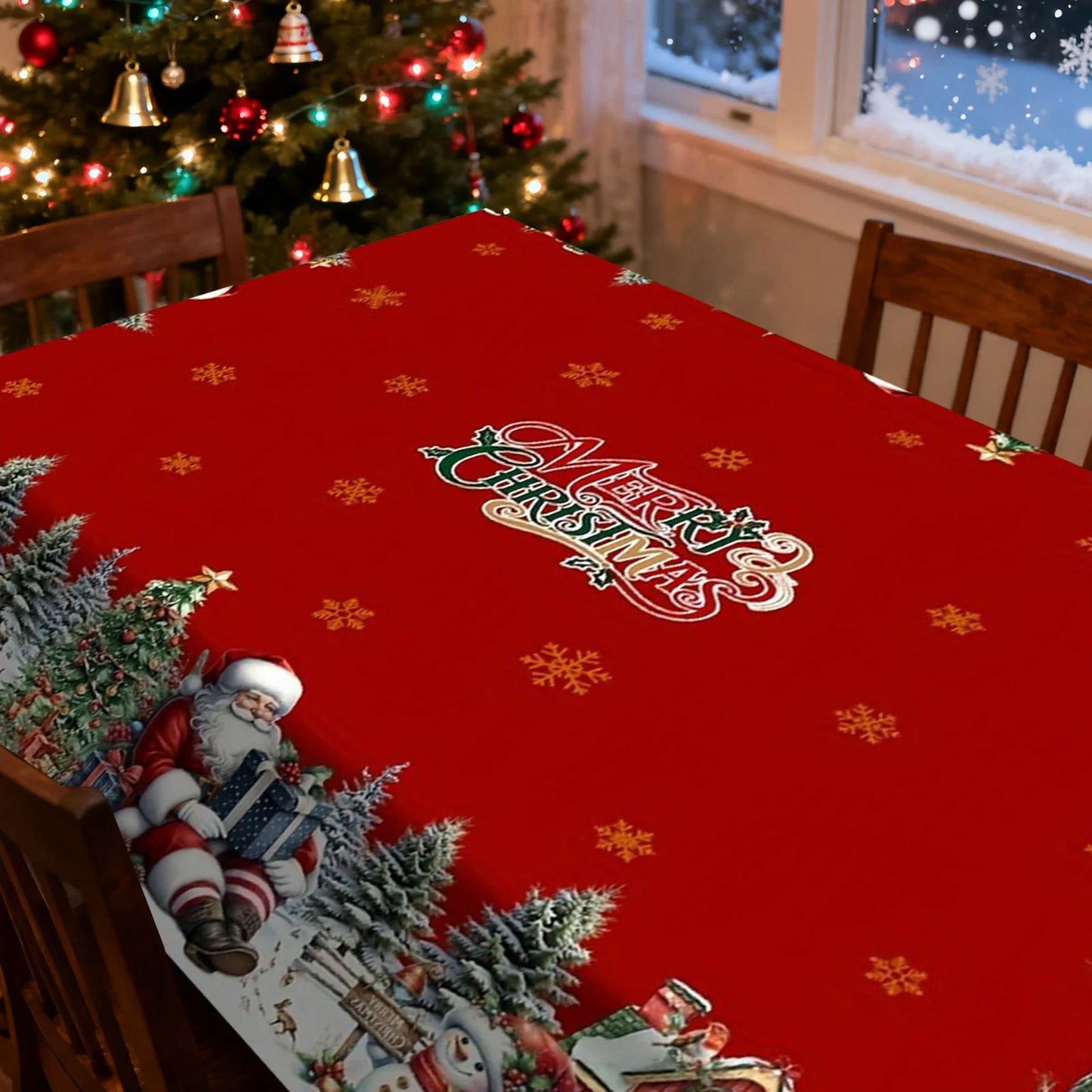 Short Plush Rectangular Tablecloth For Christmas Featuring Red Snowmen And Christmas Decorations Waterproof Christmas Tablecloth