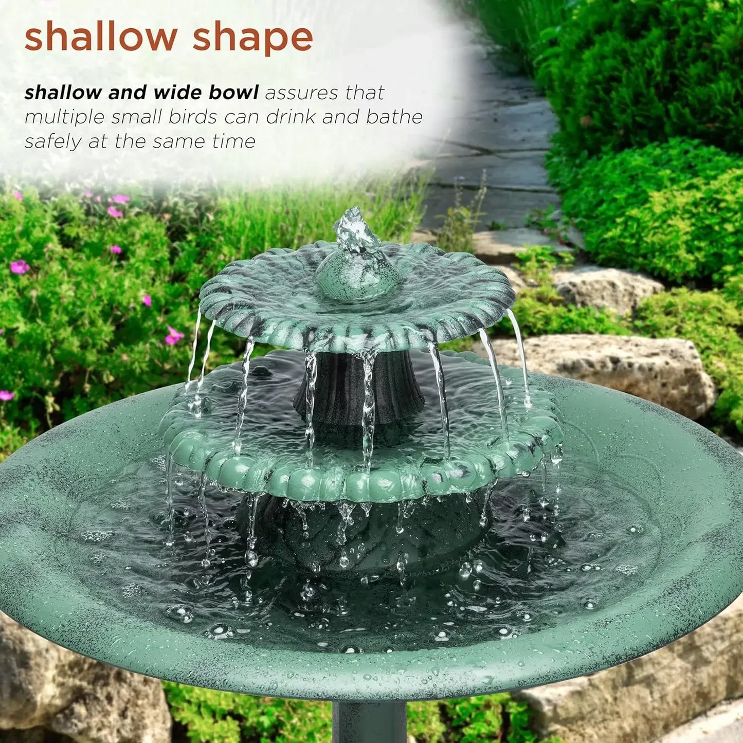 TEC106 Outdoor Floor 3-Tiered Pedestal Water Fountain and Birdbath, Pedestal Waterfall Fountain, 35", Green