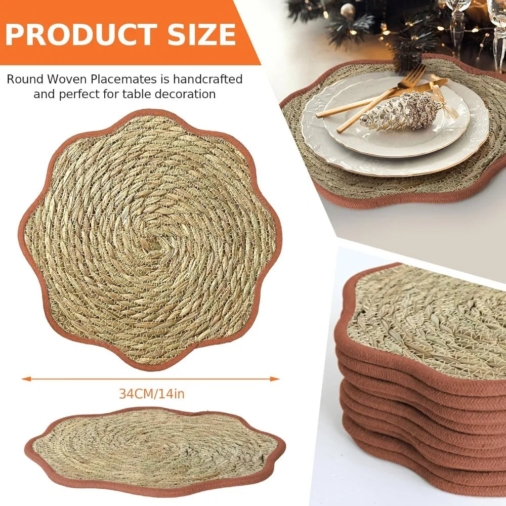 13.8 inch Fall Round Woven Placemats Set of 10 Boho Scalloped Rattan Place Mats Natural Water Hyacinth Flower Shaped Weave Mats