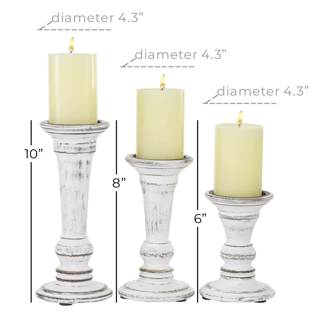Set of 3 White Wood Candle Holders Tapered Design Rustic Decor Centerpiece Indoor Use Home Accents Solid Mango Wood