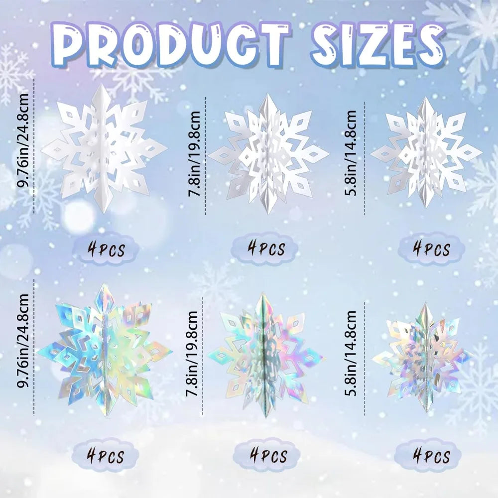 Christmas Snowflake Decorations Indoor, 24PCS 3D Paper Snowflakes Hanging Ornaments White Snowflake Garlands for Xmas Christmas